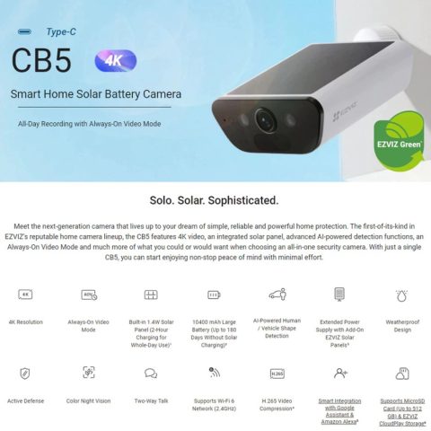 EZVIZ CB5 4K 8MP Built-in Solar Panel Solar Security Camera Outdoor Wireless 2-IN-1 Continuous Power, Color Night Vision - Zapcart Technology Qatar
