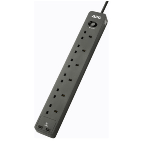 APC SurgeArrest Essential Surge Protector, 6x BS1363 Outlet, BS1363 Plug, 2 x USB-A, 6.5ft/2m cord - Zapcart Technology Qatar