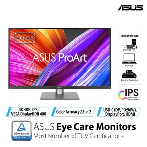 ASUS ProArt Display PA329CRV Professional Monitor – 32-inch (31.5-inch viewable), IPS, 4K UHD (3840 x 2160), 98% DCI-P3, Color Accuracy ΔE < 2, Calman Verified, USB-C PD 96W, VESA DisplayHDR 400, VESA MediaSync, Ergonomic Stand, Green Sustainability - Zapcart Technology Qatar