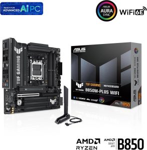 ASUS TUF Gaming B850M-PLUS WiFi AMD AM5 B850 mATX Motherboard, 14+2+1 80A DrMOS Stages, DDR5, PCIe 5.0, 3X M.2, Wi-Fi 6E, 2.5Gb LAN, DP, HDMI™, USB 10Gbps & 20Gbps Type-C®, BIOS Flashback™, Aura Sync - Zapcart Technology Qatar