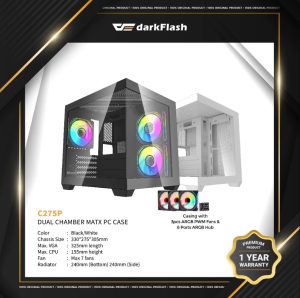 DarkFlash C275P DUAL CHAMBER MATX PC CASE (Casing with 3pcs DM20 PWM ARGB Fans & 6 Ports ARGB Hub) - Zapcart Technology Qatar