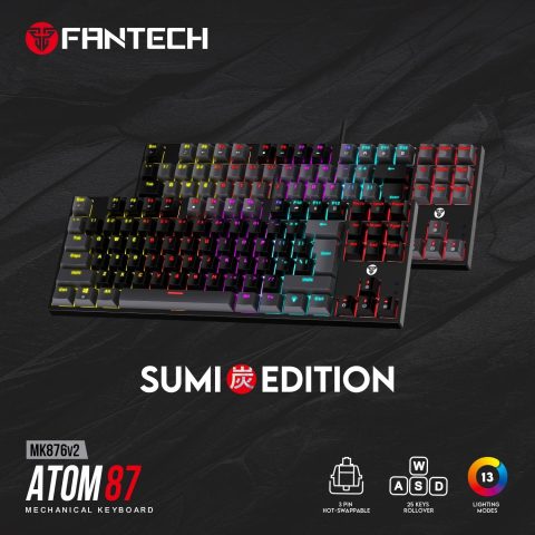 FANTECH ATOM TKL MK876v2 Double Injection Keycaps , Full Size Form Factor Macro RGB Mechanical Keyboard (BLACK) - Zapcart Technology Qatar