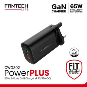 FANTECH-GAN CHARGER 65W TRIPLE PORT (2PD+USB)-UK (CWG302BK) - Zapcart Technology Qatar
