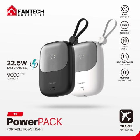 FANTECH T3 9000mAh Fast Charging Power Bank with Built-in USB-C & Lightning Cable Digital Display Portable - Zapcart Technology Qatar