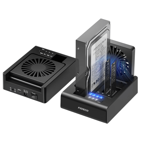 FIDECO MS02-BLACK HDD + Dual NVMe Clone Docking Station (Supports 2.5,3.5 INCH SATA HDD & SSD 2× M.2 NVMe SSD Slots (M-Key / B+M Key)) - Zapcart Technology Qatar