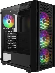 GAMDIAS PC Case, ATX Computer Case for Gaming, Mid-Tower, Tool-Free Tempered Glass Side, High Airflow Mesh Faceplate, Pre-installed 4 x 120mm ARGB Fan, Black, AURA GC2 Elite - Zapcart Technology Qatar