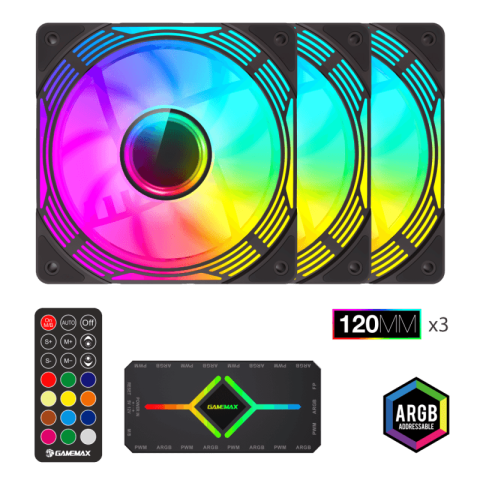 GAMEMAX KF300 BK Black frame ARGB Fan 3 in 1 Kit (Premium V4.0 ARGB HUB with Wireless Remote Controller - High-Performance Cooling Fan for PC Case) - Zapcart Technology Qatar