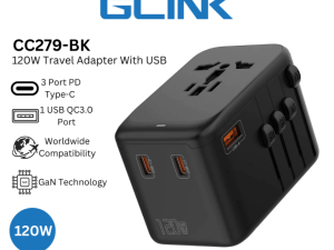 GLINK 120W GAN International Universal Travel Adapter World Plug Adaptor (1 USB + 3 TYPE C 250V~10A/2500W) - Zapcart Technology Qatar