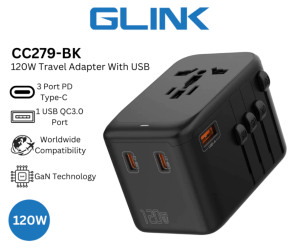 GLINK 120W GAN International Universal Travel Adapter World Plug Adaptor (1 USB + 3 TYPE C 250V~10A/2500W) - Zapcart Technology Qatar