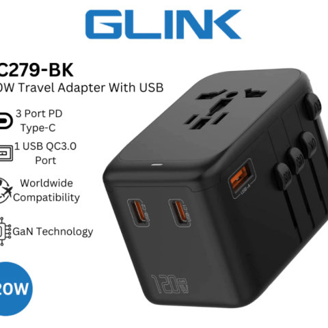 GLINK 120W GAN International Universal Travel Adapter World Plug Adaptor (1 USB + 3 TYPE C 250V~10A/2500W) - Zapcart Technology Qatar