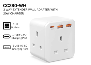 GLINK 3 Way Extender Wall Adapter with 20W PD QC3.0 Fast Charger - Zapcart Technology Qatar
