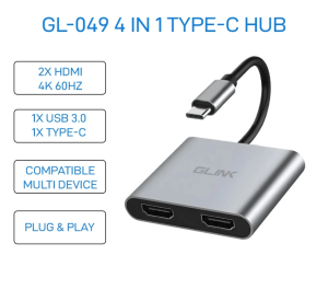 Glink GL-049 4 in 1 Type-C Hub with 2x HDMI, USB 3.0, PD 87W Type-C Input, Compatible Multi Device - Zapcart Technology Qatar
