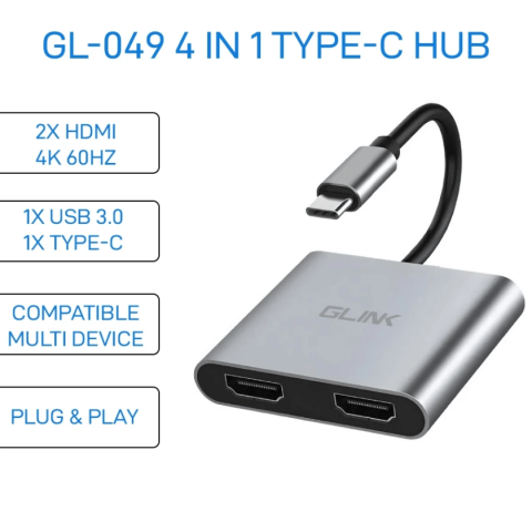 Glink GL-049 4 in 1 Type-C Hub with 2x HDMI, USB 3.0, PD 87W Type-C Input, Compatible Multi Device - Zapcart Technology Qatar