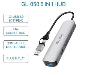 Glink GL-050 5 in 1 USB Hub with Type-C & USB Dual Connection, Plug & Play - Zapcart Technology Qatar