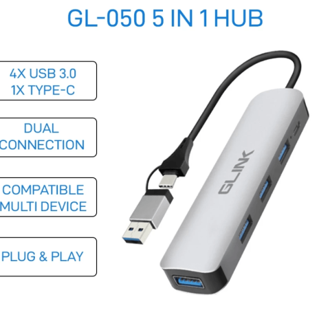 Glink GL-050 5 in 1 USB Hub with Type-C & USB Dual Connection, Plug & Play - Zapcart Technology Qatar