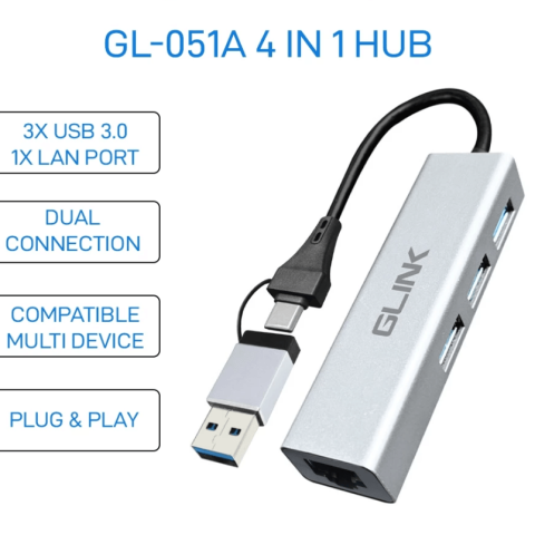 GLINK GL-051A 4 in 1 USB Hub with Type-C & USB Dual Connection, Plug & Play - Zapcart Technology Qatar