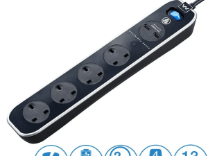 MASTERPLUG SRGLSU42PB-MPA 2 Meter Glossy Black 4 Socket with Switch & Surge Protection, 2 X USB Port - Zapcart Technology Qatar