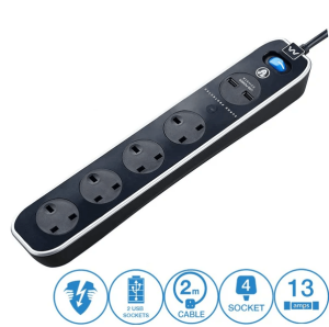 MASTERPLUG SRGLSU42PB-MPA 2 Meter Glossy Black 4 Socket with Switch & Surge Protection, 2 X USB Port - Zapcart Technology Qatar
