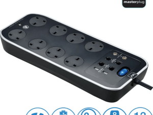 MASTERPLUG SRGSUTAC82PB-MPA 2 Meter Glossy Black 8 Gang with Surge Protection, 2 X USB Port Telecom/Data+ Co-ax Protection - Zapcart Technology Qatar
