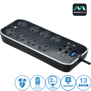 MASTERPLUG SRGSUTAC82PB-MPA 2 Meter Glossy Black 8 Gang with Surge Protection, 2 X USB Port Telecom/Data+ Co-ax Protection - Zapcart Technology Qatar