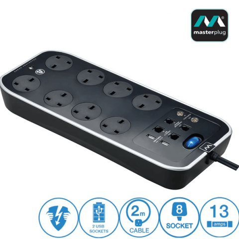 MASTERPLUG SRGSUTAC82PB-MPA 2 Meter Glossy Black 8 Gang with Surge Protection, 2 X USB Port Telecom/Data+ Co-ax Protection - Zapcart Technology Qatar
