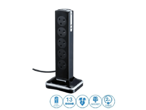 MASTERPLUG SRGTOWSU102PB 2 Meter Glossy BLACK TOWER 10 Gang with Surge Protection, 2 X USB Port, Switch and Tele/ Data - Zapcart Technology Qatar