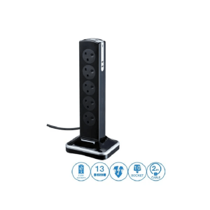 MASTERPLUG SRGTOWSU102PB 2 Meter Glossy BLACK TOWER 10 Gang with Surge Protection, 2 X USB Port, Switch and Tele/ Data - Zapcart Technology Qatar