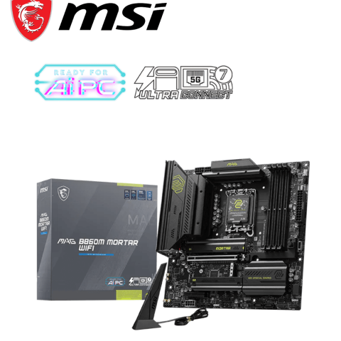 MSI MAG B860M Mortar WiFi Motherboard, mATX - Supports Intel Core Ultra Processors (Series 2), LGA 1851 - DDR5 Memory Boost 9200+ MT/s OC, 1 x PCIe 5.0 x16, 1 x M.2 Gen5, 5G LAN, Wi-Fi 7 - Zapcart Technology Qatar