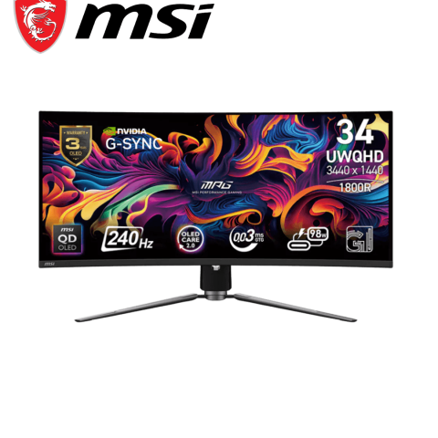 MSI MPG 341CQPX QD-OLED 34-inch Curved OLED Gaming Monitor, 3440 x 1440 (UWQHD), 0.03ms Response time, 240Hz, True Black HDR 400, HDMI, DP Port, USB Type C, Tilt, Height Adjustable - Zapcart Technology Qatar