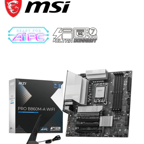 MSI PRO B860M-A WiFi Motherboard, mATX - Supports Intel Core Ultra Processors (Series 2), LGA 1851-12 DRPS, DDR5 Memory Boost (8600+ MT/s OC), PCIe 5.0 x16 & 4.0 x16, M.2 Gen5, Wi-Fi 7, 5G LAN - Zapcart Technology Qatar