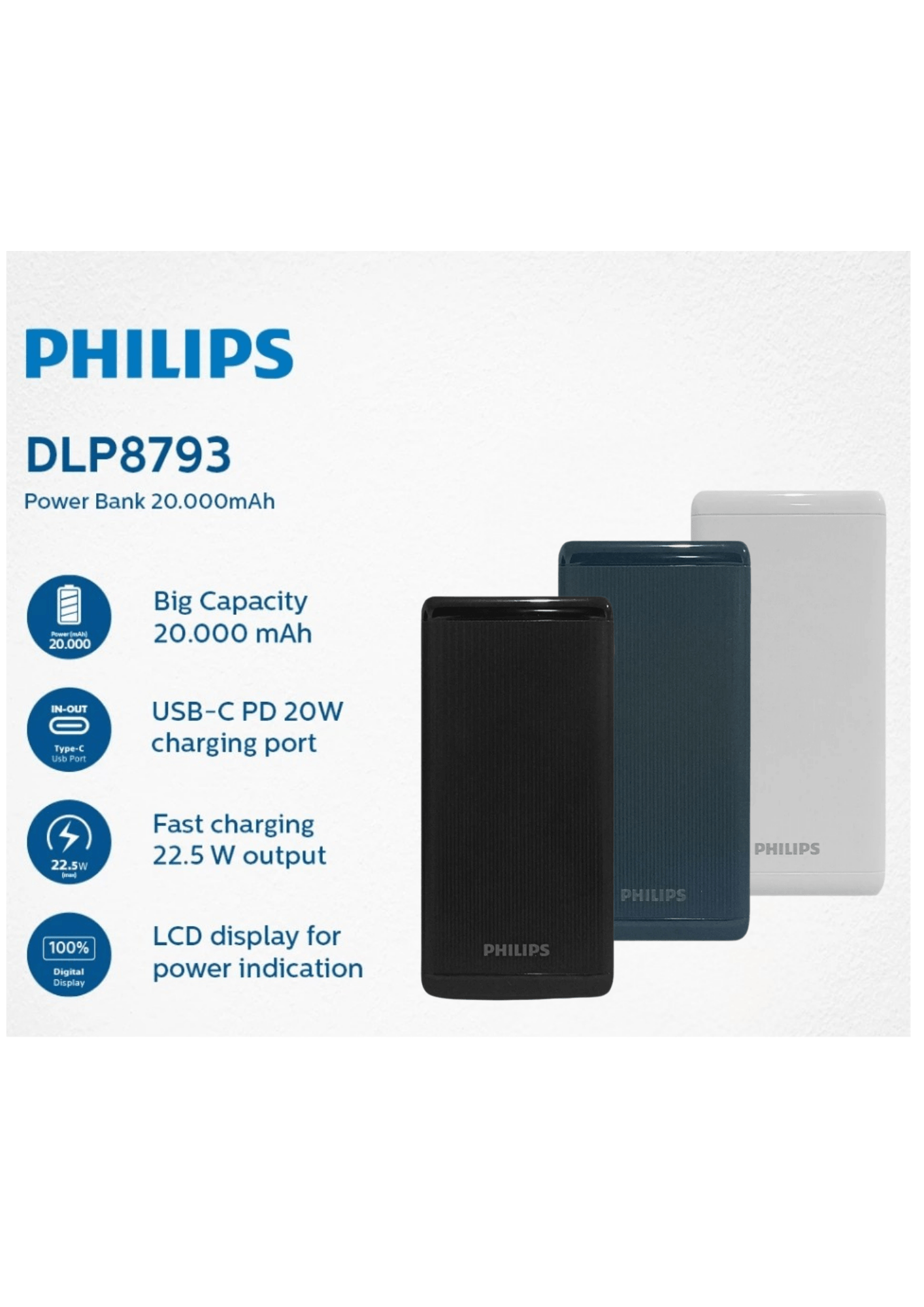 PHILIPS Powerbank 20000mAh PD22.5W Fast charger - Zapcart Technology Qatar