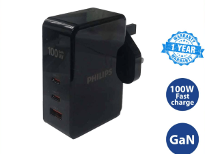 PHILIPS ULTRA FAST WALL CHARGER WITH USB-C PORT 100W FAST CHARGE 3 PIN ADAPTER TYPE C POWER DELIVERY PD DLP9710CB - Zapcart Technology Qatar