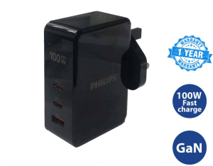 PHILIPS ULTRA FAST WALL CHARGER WITH USB-C PORT 100W FAST CHARGE 3 PIN ADAPTER TYPE C POWER DELIVERY PD DLP9710CB - Zapcart Technology Qatar