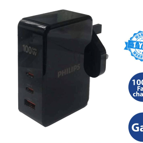 PHILIPS ULTRA FAST WALL CHARGER WITH USB-C PORT 100W FAST CHARGE 3 PIN ADAPTER TYPE C POWER DELIVERY PD DLP9710CB - Zapcart Technology Qatar
