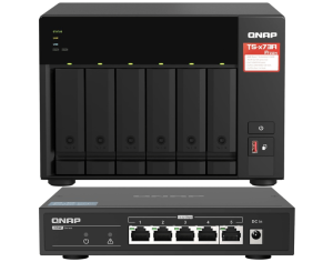 Qnap TS-673A-8G 6 Bay AMD Ryzen quad-core 2.2 GHz 2.5GbE NAS Bundle QSW-1105-5T 5 Port 2.5GbE unmanaged switch - Zapcart Technology Qatar