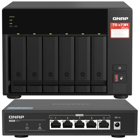 Qnap TS-673A-8G 6 Bay AMD Ryzen quad-core 2.2 GHz 2.5GbE NAS Bundle QSW-1105-5T 5 Port 2.5GbE unmanaged switch - Zapcart Technology Qatar