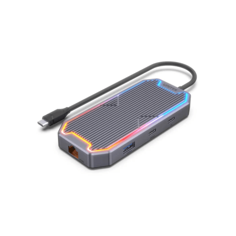 Unitek 7-in-1 10G USB-C hub with HDMI 4K@60Hz / Gigabit Ethernet / 3.5mm Audio / 10Gbps USB-A*2 / 10Gbps USB-C / PD 100W with RGB RGB dynamic sci-fi mechanic style - Zapcart Technology Qatar