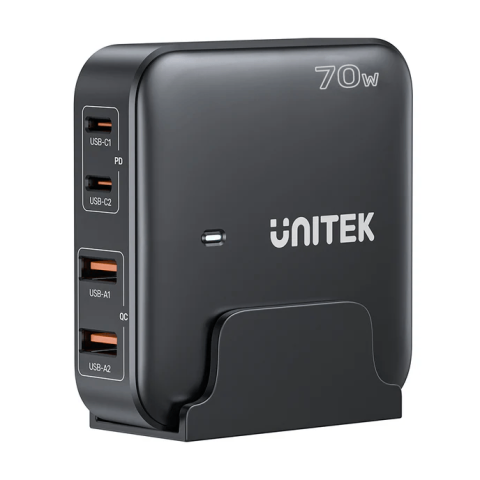 Unitek 70W 4-in-1 Desktop GaN Charger (2*USB-C PD + 2*USB-A QC3.0), with UK Power Cord - Zapcart Technology Qatar