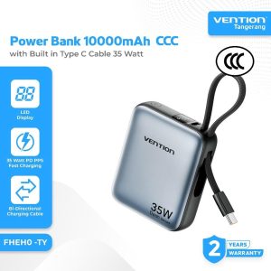 Vention 10000mAh Mini Power Bank (USB-C + USB-C) with Built-in USB-C Cable 35W Universal Type (3C Approved) - Zapcart Technology Qatar