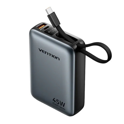 Vention 20000mAh Mini Power Bank (USB-C + USB-C/USB-A) with Built-in USB-C Cable 45W Universal Type (3C Approved) - Zapcart Technology Qatar