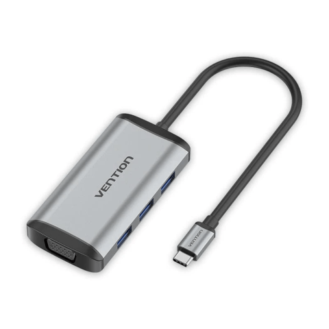 Vention Multi-function USB-C to HDMI/VGA/USB3.0*3/PD Docking Station 0.15M Gray Metal Type - Zapcart Technology Qatar