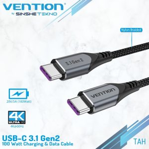 VENTION USB 3.1 Gen2 C Male to C Male 5A Cable Gray Aluminum Alloy Type - Zapcart Technology Qatar