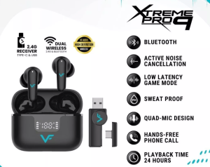 Vinnfier VF Xtreme Pro 9 2.4ghz Dongle Wireless earbuds ANC Transparent Mode leather-grain Spatial Audio VR Gaming - Zapcart Technology Qatar